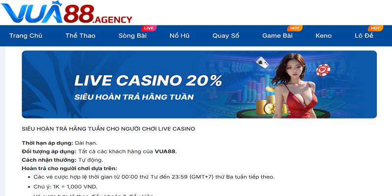Hoàn trả hàng tuần tại sảnh live casino Vua88 cực kỳ giá trị Hoàn trả hàng tuần tại sảnh live casino Vua88 cực kỳ giá trị