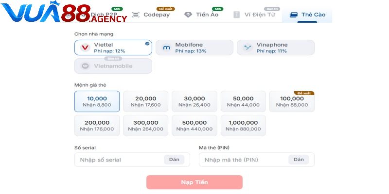 Nạp tiền VUA88 bằng thẻ cào bị khấu trừ tiền phí Nạp tiền VUA88 bằng thẻ cào bị khấu trừ tiền phí